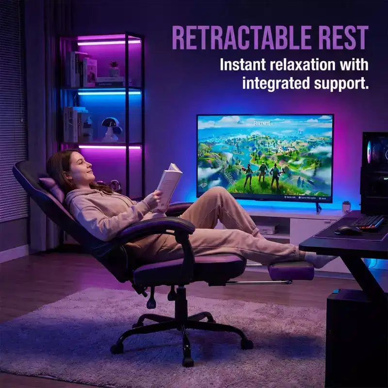 Sedia Gaming LauKingdom con Poggiapiedi, Sedia da Computer Ergonomica, Girevole Regolabile in Altezza, Supporto Lombare Massaggiante, Sedia per Videogiochi, Nero e Viola
