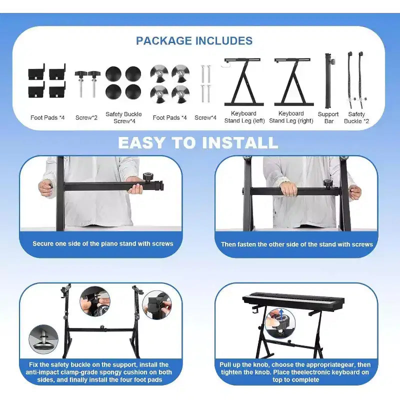 Support de clavier piano en Z réglable, robuste et portable, hauteur et largeur réglables, convient aux pianos électriques 44/54/61/88 touches, noir