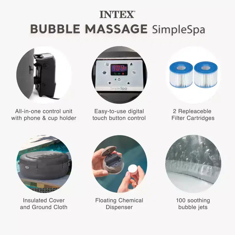INTEX 28489 Spa gonflable de massage à bulles SimpleSpa : Inclut une couverture écoénergétique, un gonflage rapide intégré, capacité de 6 personnes, 216 x 66 cm