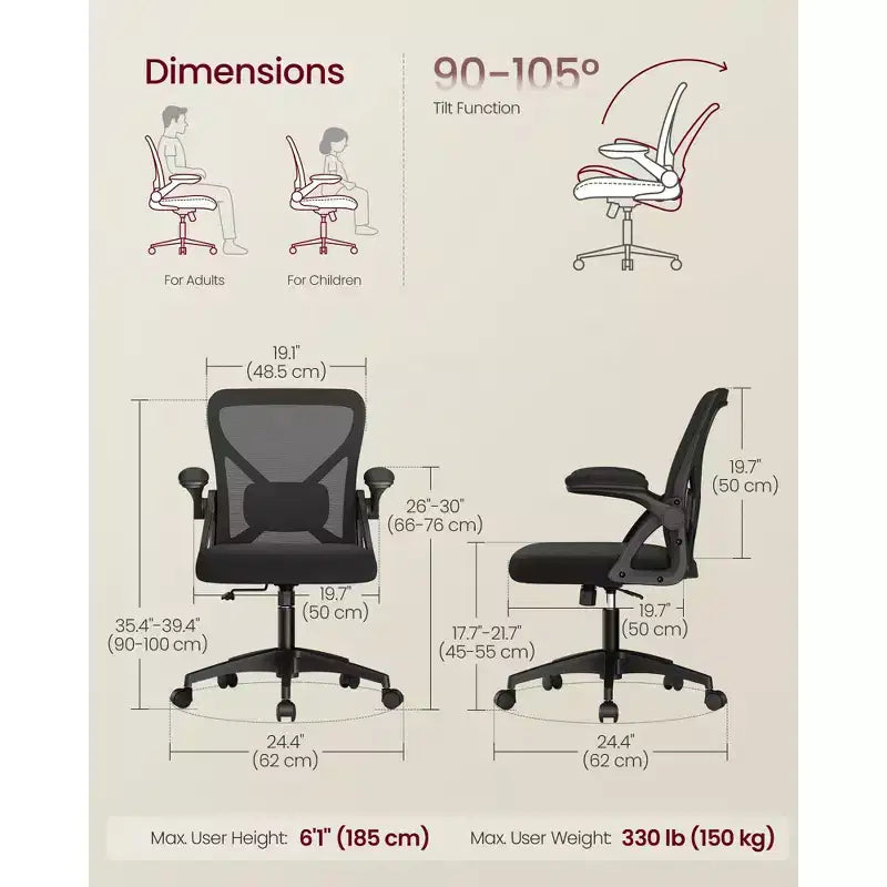 VASAGLE Sedia da Ufficio Ergonomica con Schienale in Rete, Supporto Lombare Regolabile, Funzione Inclinazione 90-105°, Sedile Ampio, Braccioli Ribaltabili