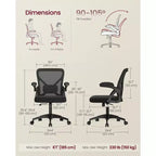 VASAGLE Sedia da Ufficio Ergonomica con Schienale in Rete, Supporto Lombare Regolabile, Funzione Inclinazione 90-105°, Sedile Ampio, Braccioli Ribaltabili