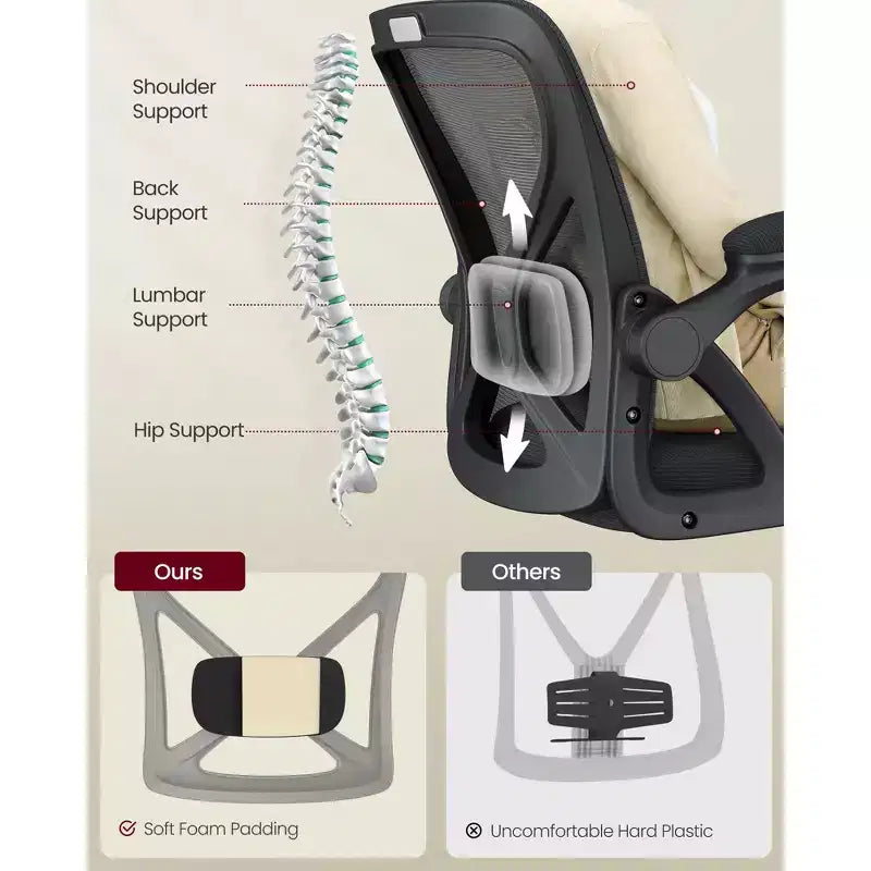VASAGLE Sedia da Ufficio Ergonomica con Schienale in Rete, Supporto Lombare Regolabile, Funzione Inclinazione 90-105°, Sedile Ampio, Braccioli Ribaltabili