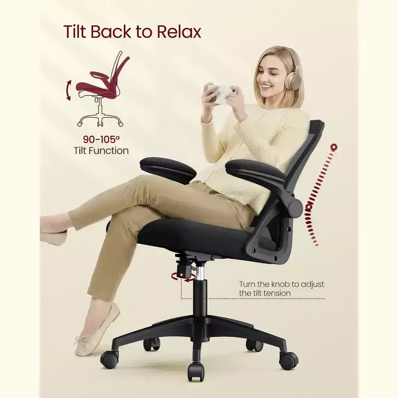 VASAGLE Sedia da Ufficio Ergonomica con Schienale in Rete, Supporto Lombare Regolabile, Funzione Inclinazione 90-105°, Sedile Ampio, Braccioli Ribaltabili