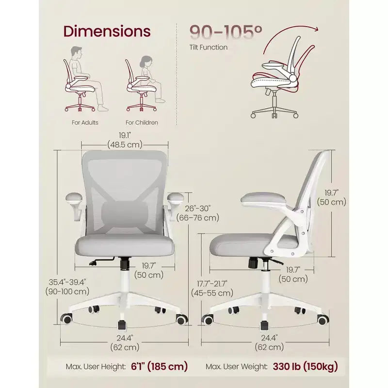 VASAGLE Sedia da Ufficio Ergonomica con Schienale in Rete, Supporto Lombare Regolabile, Funzione Inclinazione 90-105°, Sedile Ampio, Braccioli Ribaltabili