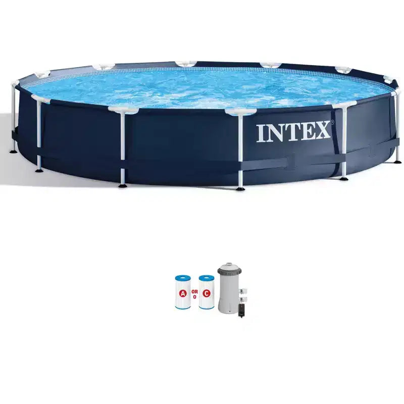 Intex Metal Frame 12 Foot x 30 Inch Round Above Ground Outdoor Backyard Swimming Pool with 530 GPH Filter Cartridge Pump, Navy