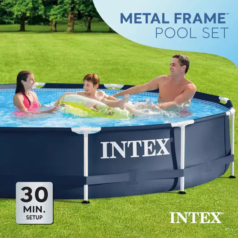 Piscine hors sol ronde Intex Metal Frame de 3,66 m x 76 cm pour jardin, avec pompe à cartouche filtrante de 2000 l/h, bleu marine