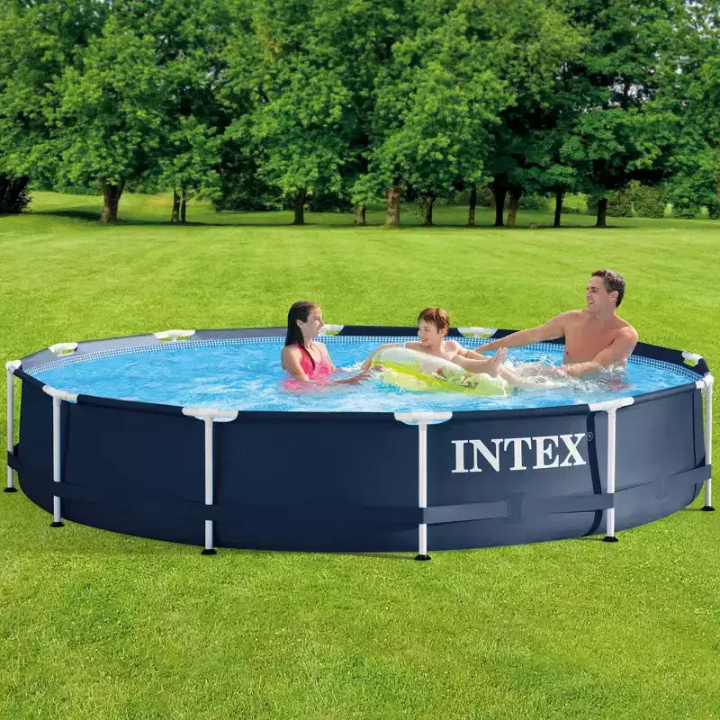Piscine hors sol ronde Intex Metal Frame de 3,66 m x 76 cm pour jardin, avec pompe à cartouche filtrante de 2000 l/h, bleu marine