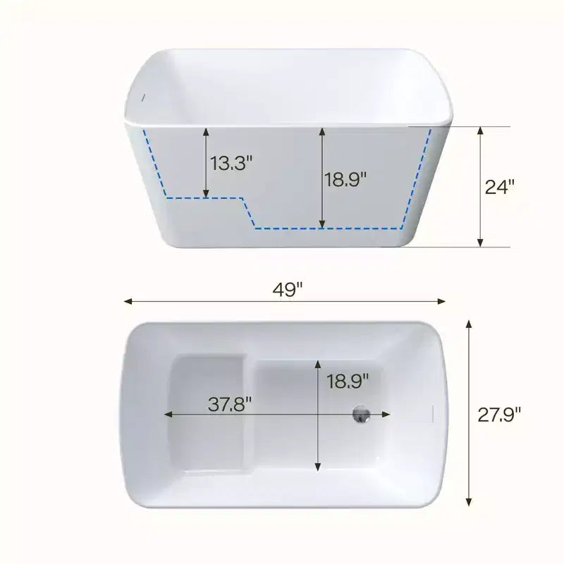 Baignoire Acekool Home Spa de 124 cm, baignoire îlot en acrylique, blanc brillant avec bonde mate et trop-plein noir