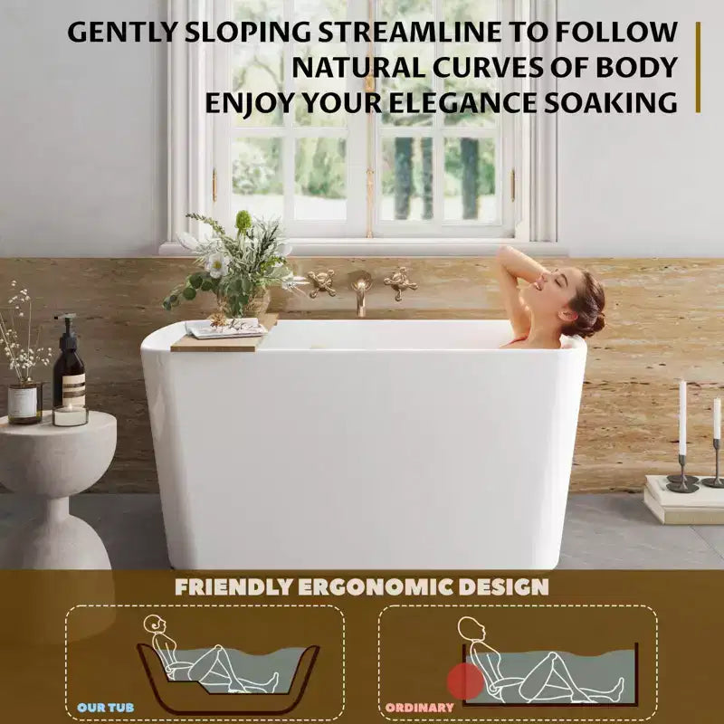 Baignoire Acekool Home Spa de 124 cm, baignoire îlot en acrylique, blanc brillant avec bonde mate et trop-plein noir