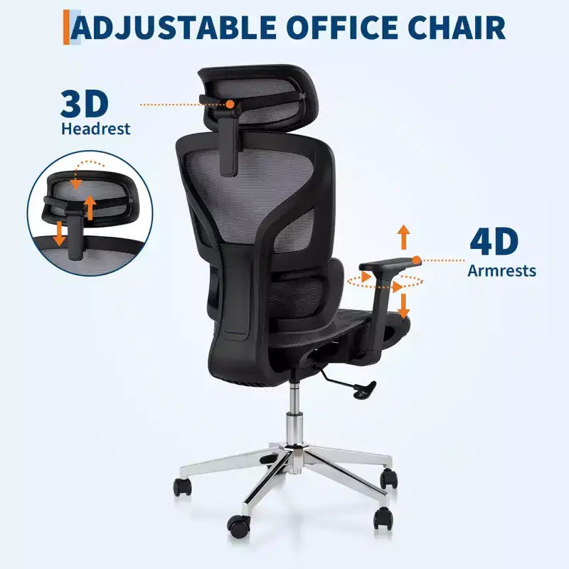 Sedia da Ufficio Ergonomica in Rete con Braccioli 4D Supporto Lombare Dinamico Schienale Alto Reclinabile Sedile Scorrevole Poggiatesta Ruote Silenziose per Casa Studio Gaming