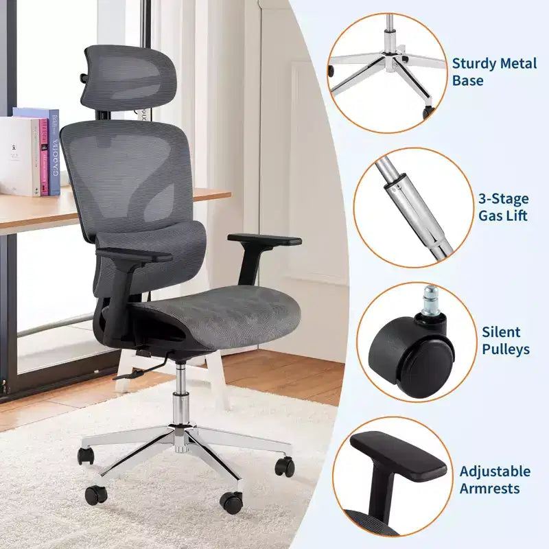 Sedia da Ufficio Ergonomica in Rete con Braccioli 4D Supporto Lombare Dinamico Schienale Alto Reclinabile Sedile Scorrevole Poggiatesta Ruote Silenziose per Casa Studio Gaming