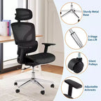 Sedia da Ufficio Ergonomica in Rete con Braccioli 4D Supporto Lombare Dinamico Schienale Alto Reclinabile Sedile Scorrevole Poggiatesta Ruote Silenziose per Casa Studio Gaming