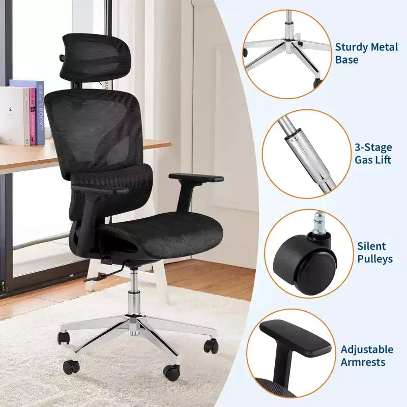 Sedia da Ufficio Ergonomica in Rete con Braccioli 4D Supporto Lombare Dinamico Schienale Alto Reclinabile Sedile Scorrevole Poggiatesta Ruote Silenziose per Casa Studio Gaming