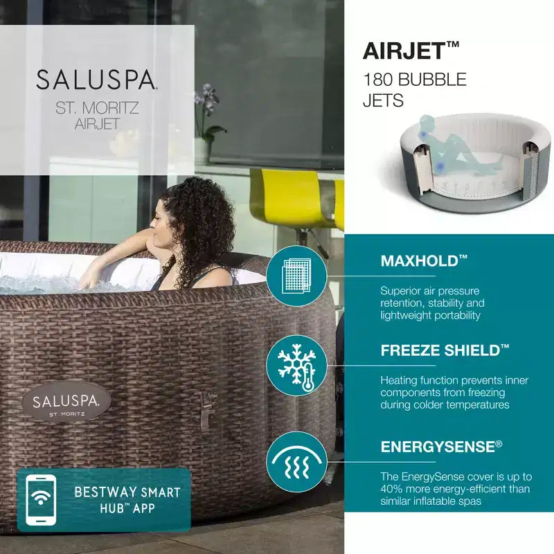 Bestway SaluSpa St. Moritz AirJet, bain à remous gonflable avec 180 jets apaisants, marron