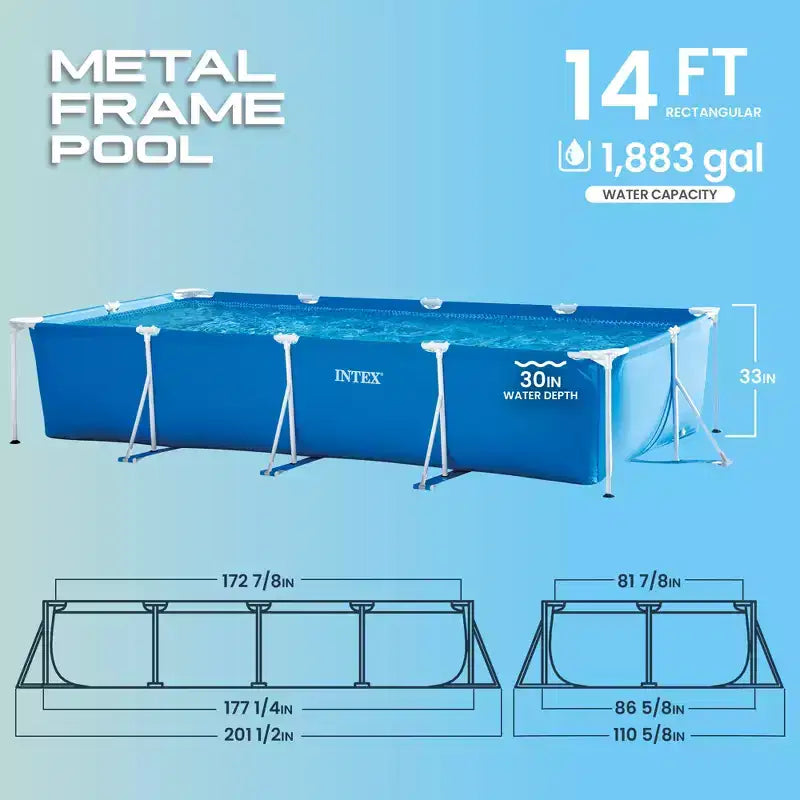 Piscine hors-sol rectangulaire Intex 14,75' x 86 x 33 avec cadre, pour jardin, avec vanne de contrôle de débit pour vidange rapide, bleue