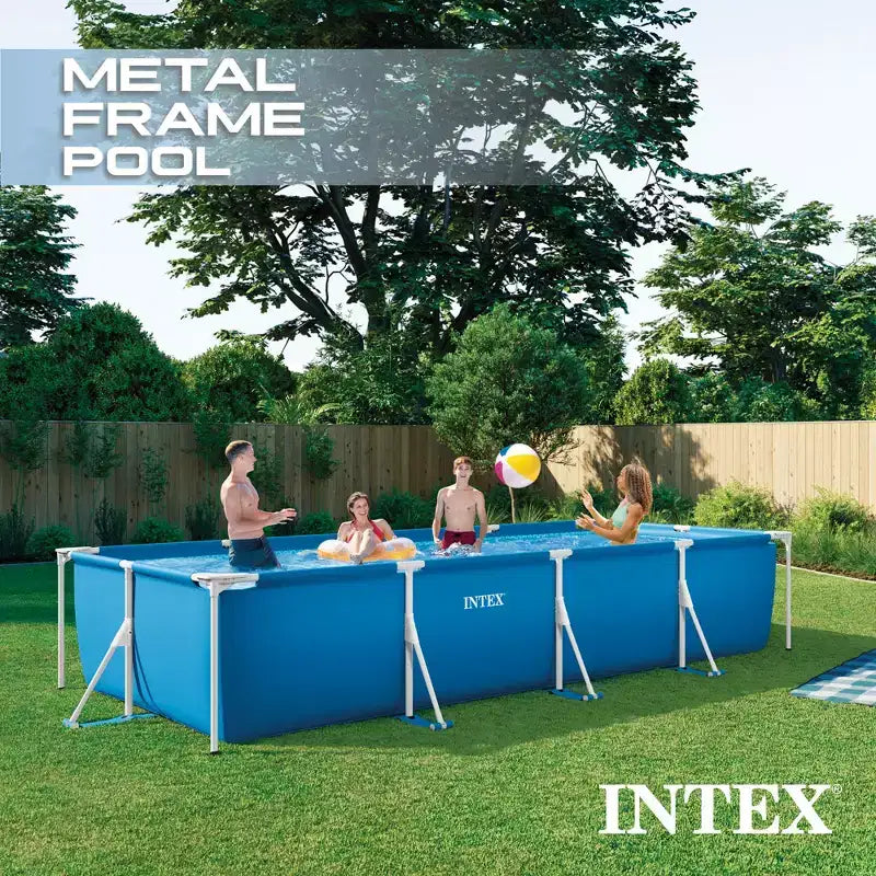 Piscine hors-sol rectangulaire Intex 14,75' x 86 x 33 avec cadre, pour jardin, avec vanne de contrôle de débit pour vidange rapide, bleue
