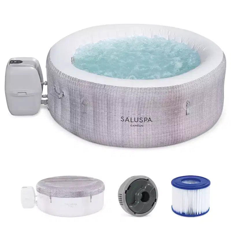 Bestway SaluSpa Cancun AirJet 2 to 4 Person Inflatable Hot Tub, 71 x 26 Inch Round Portable Outdoor Spa with 120 Soothing Jets and Cover, Gray