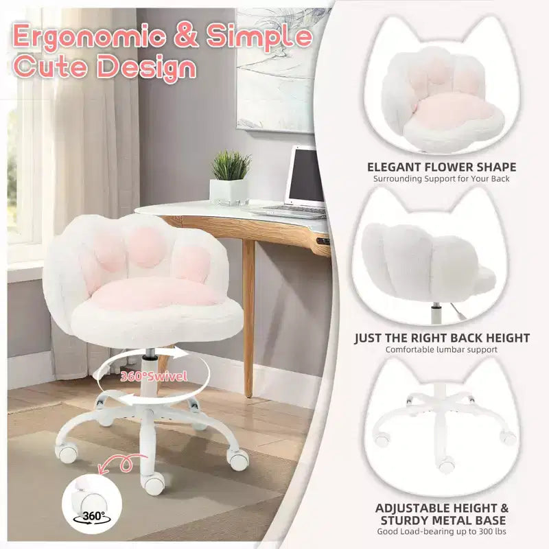 Sedia da trucco con schienale a forma di gatto, sedia girevole regolabile in altezza, graziosa sedia da scrivania con rotelle in tessuto Teddy per camera da letto e ufficio