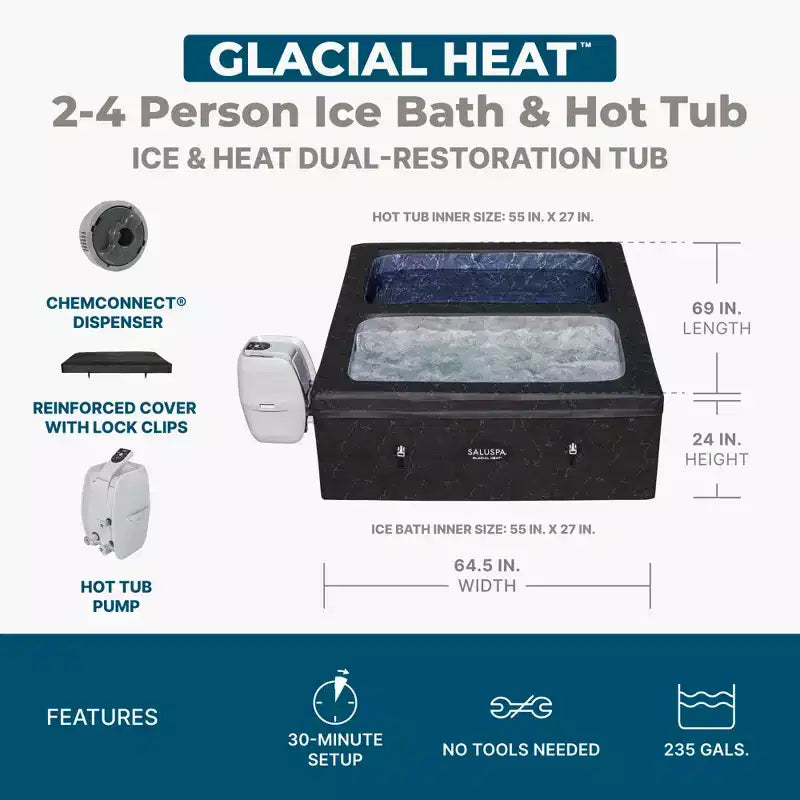SaluSpa 69 x 64,5 x 24 Bain Glacial ThermaCore Chaleur et Baignoire Spa Airjet 4 Pierres Noires Carrées