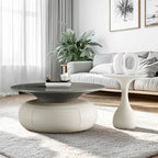 Table basse ronde moderne en bois beige-gris avec rangement