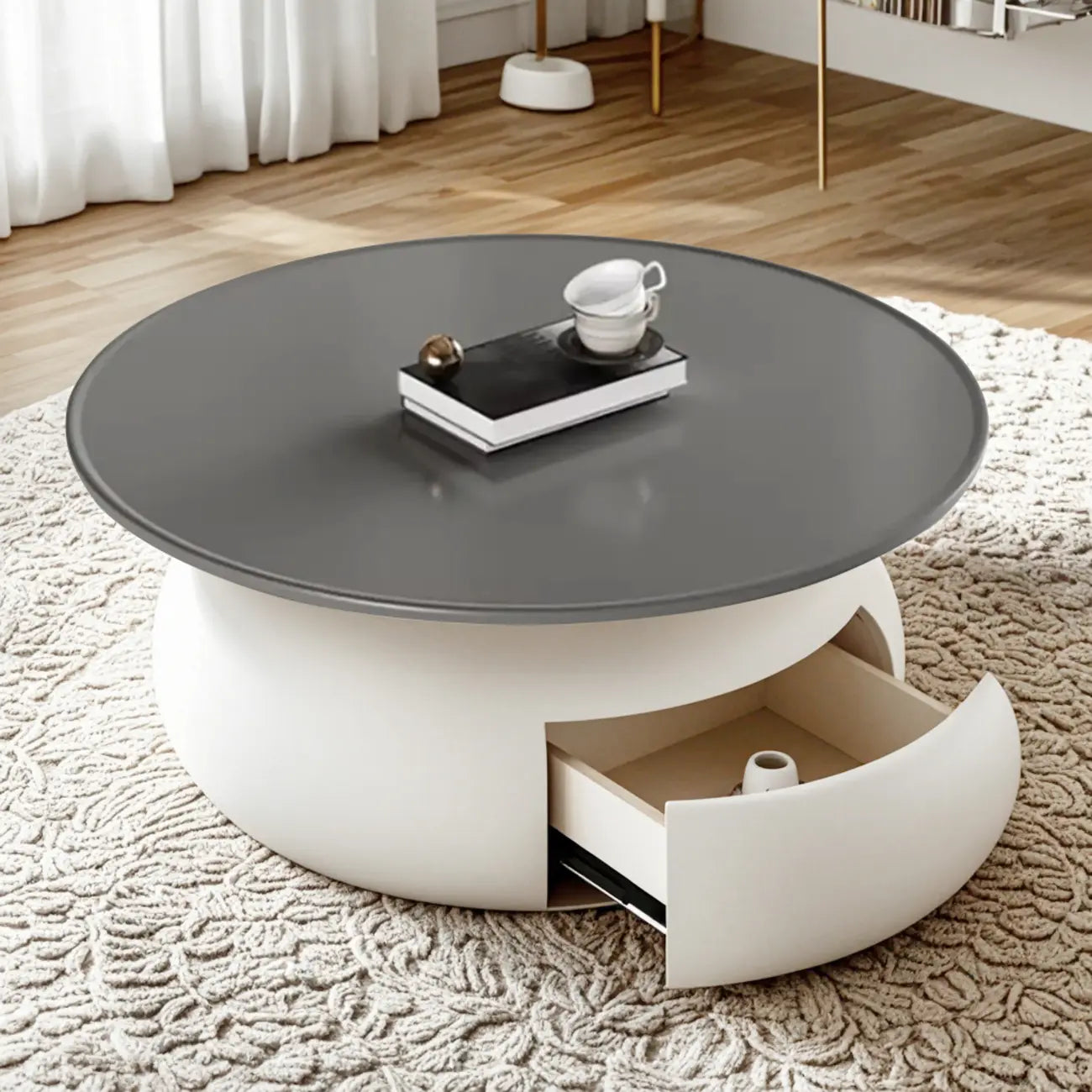 Table basse ronde moderne en bois beige-gris avec rangement