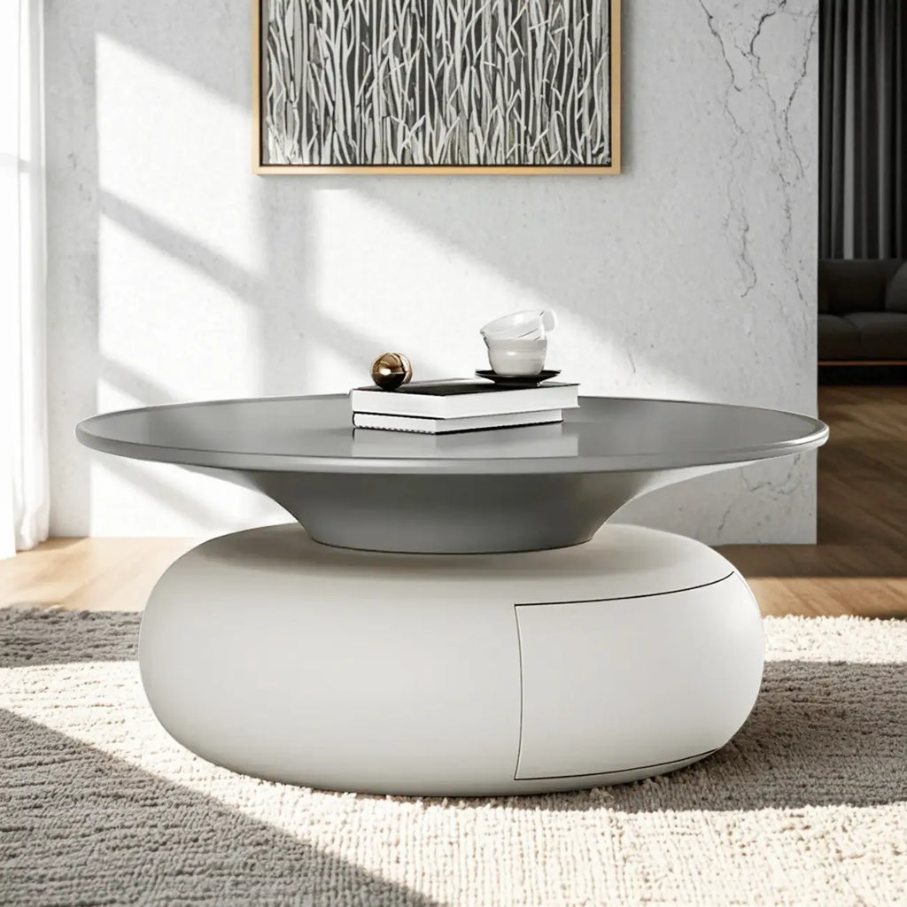 Table basse ronde moderne en bois beige-gris avec rangement