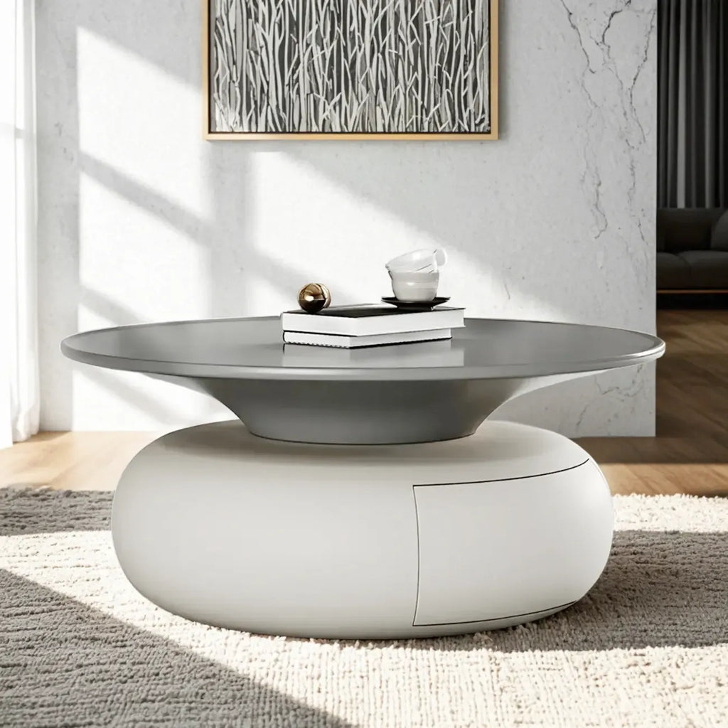 Table basse ronde moderne en bois beige-gris avec rangement