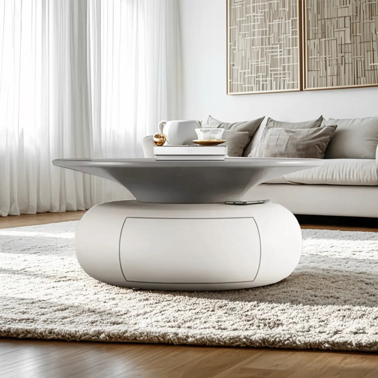 Table basse ronde moderne en bois beige-gris avec rangement