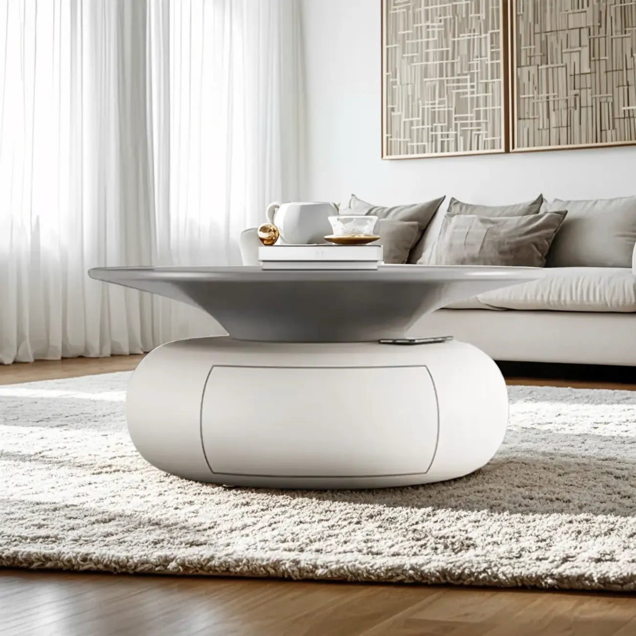 Table basse ronde moderne en bois beige-gris avec rangement