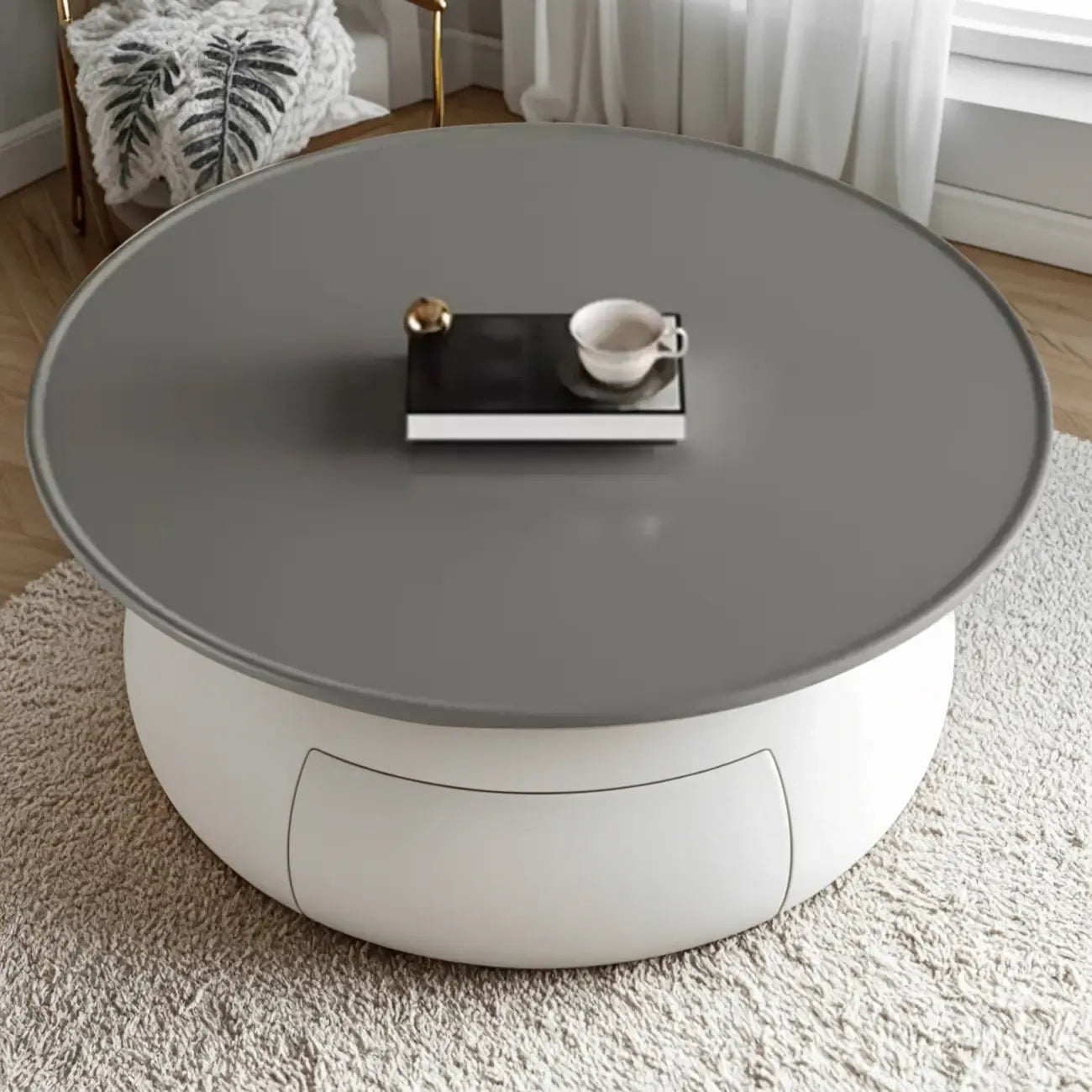 Table basse ronde moderne en bois beige-gris avec rangement