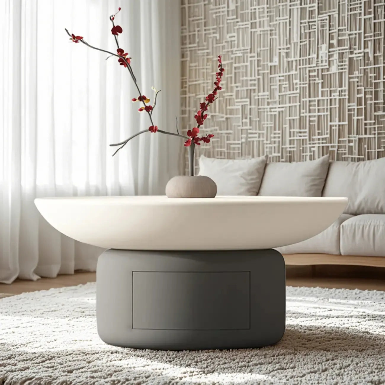 Table basse ronde minimaliste en bois gris et blanc avec tiroir