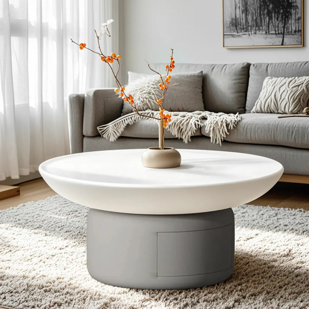 Table basse ronde minimaliste en bois gris et blanc avec tiroir