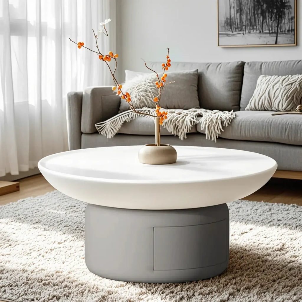 Table basse ronde minimaliste en bois gris et blanc avec tiroir