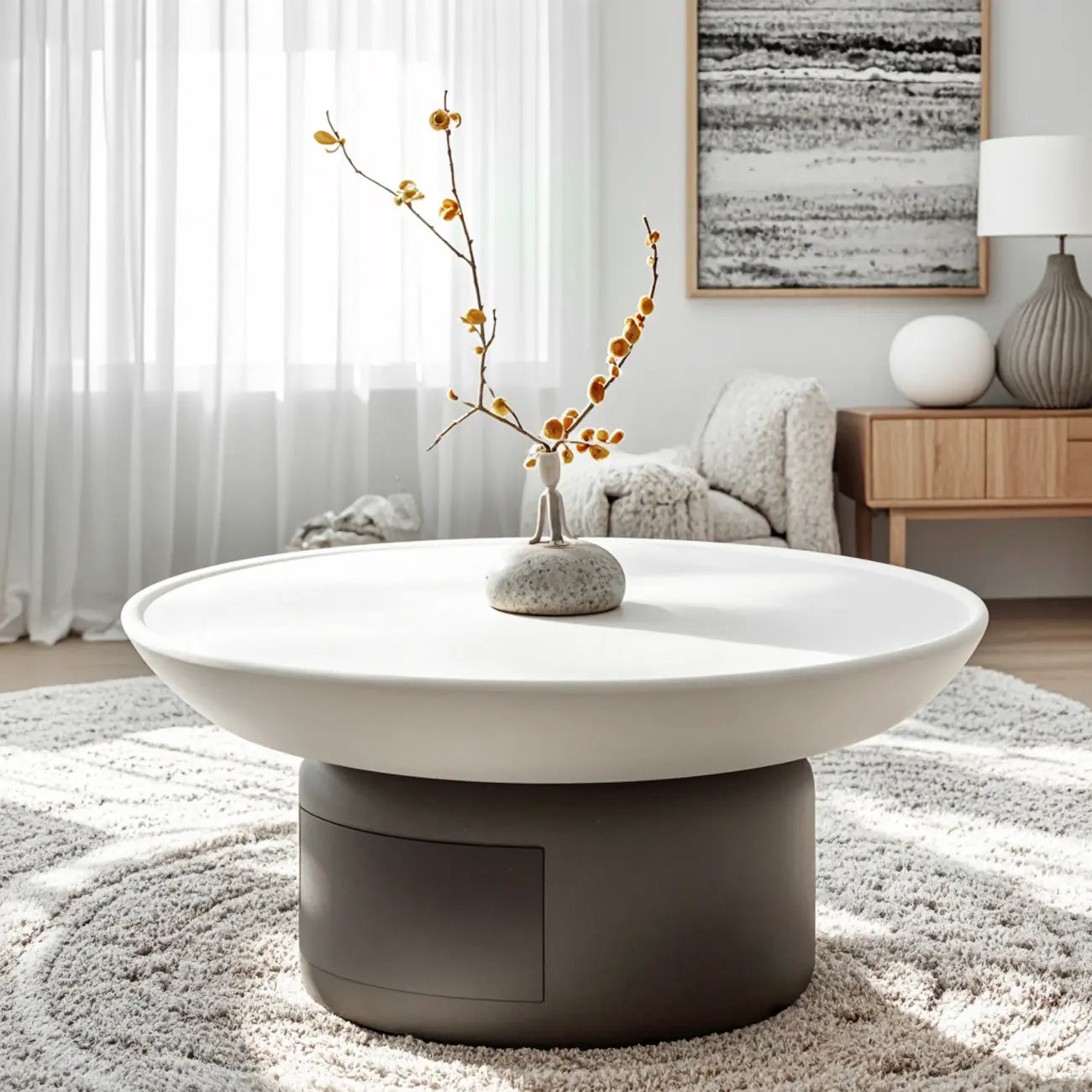 Table basse ronde minimaliste en bois gris et blanc avec tiroir