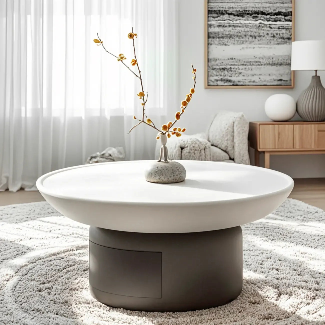 Table basse ronde minimaliste en bois gris et blanc avec tiroir