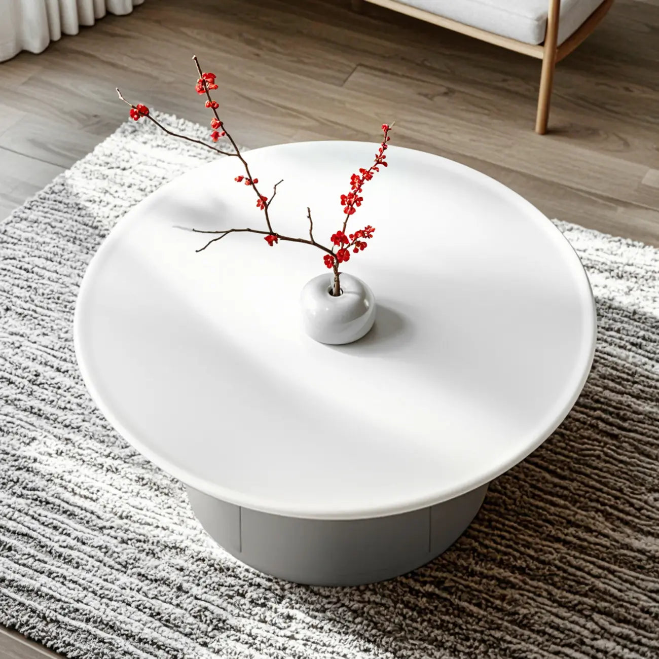 Table basse ronde minimaliste en bois gris et blanc avec tiroir