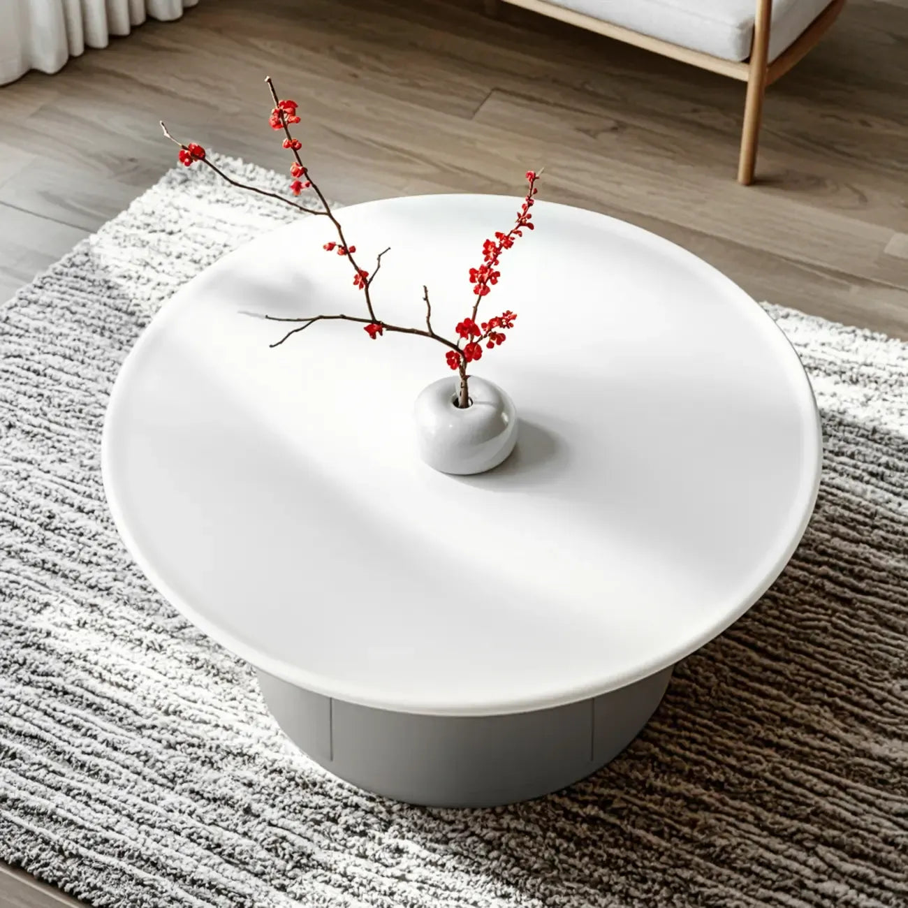 Table basse ronde minimaliste en bois gris et blanc avec tiroir