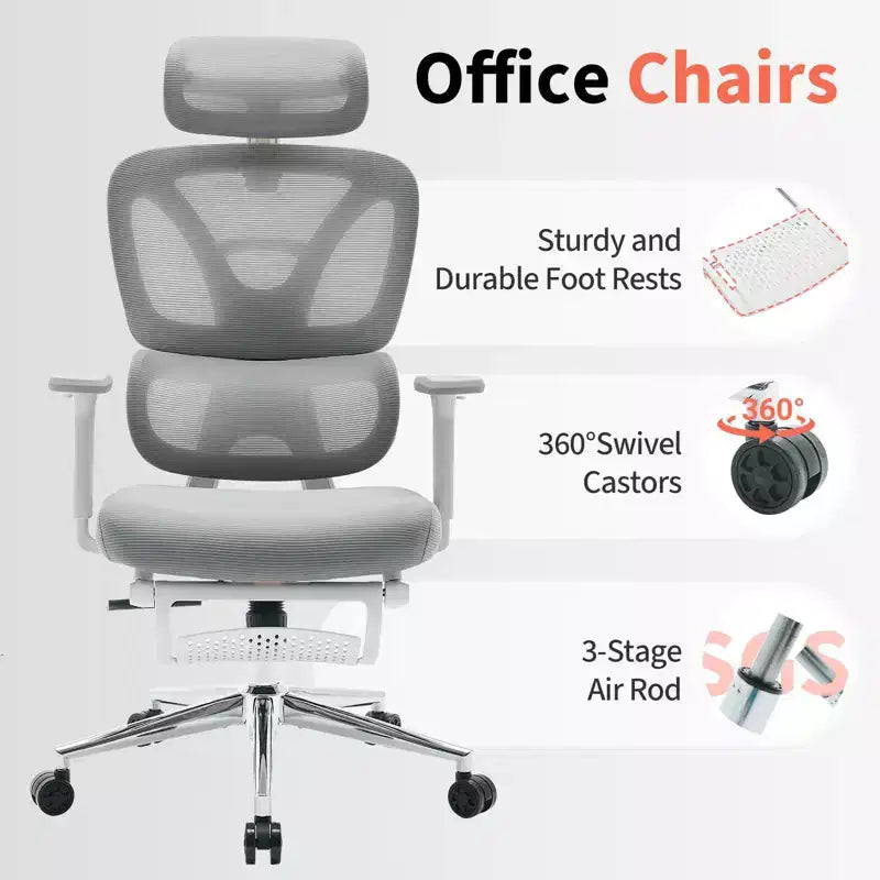 Sedia da Ufficio Ergonomica in Rete con Supporto Lombare Regolabile, Poggiatesta e Poggiapiedi, Braccioli 3D, Sedia Girevole da Lavoro per Utenti Robusti