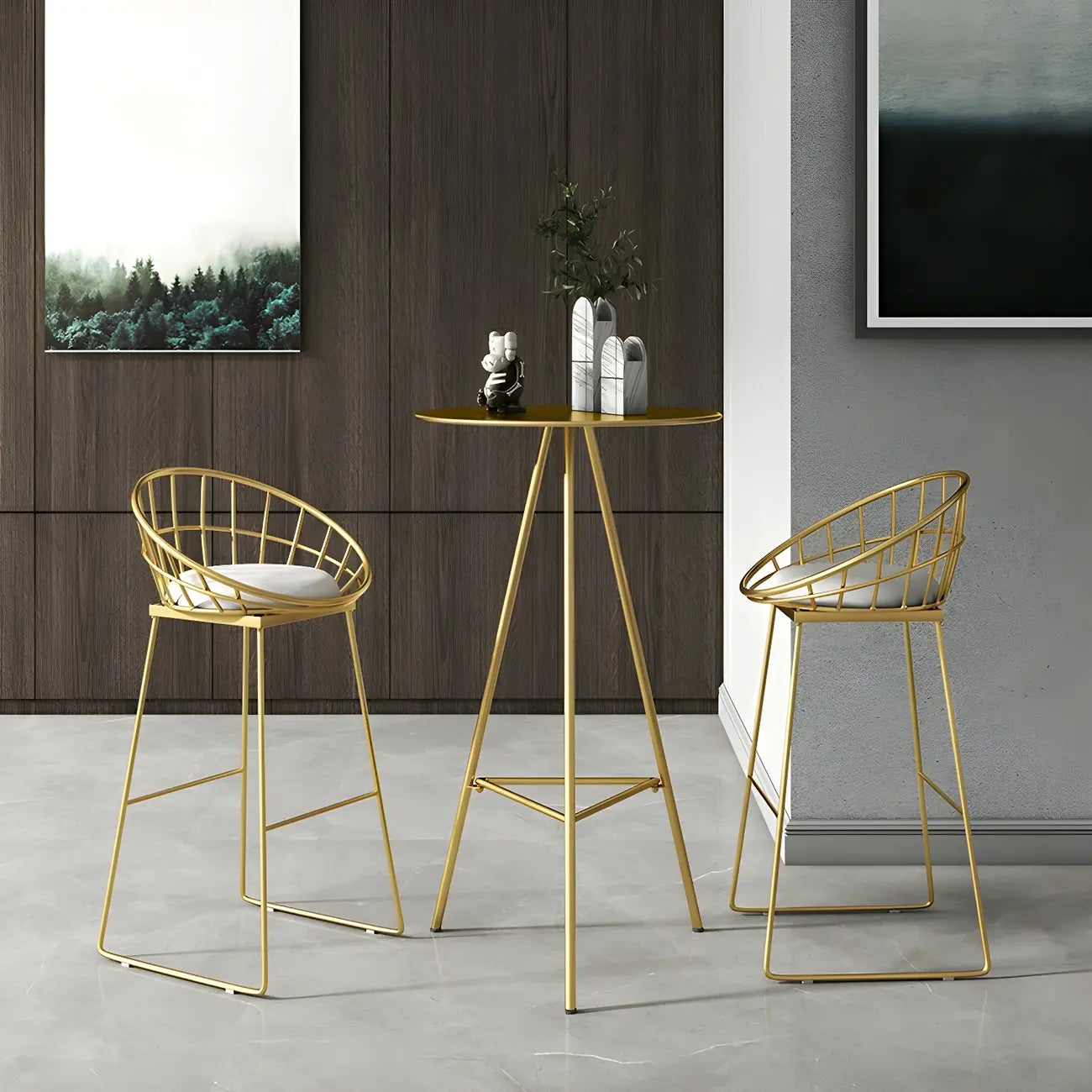 Tables de bar tripodes rondes en métal doré, style glamour moderne
