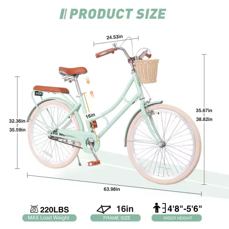 NAYSAYE Bicicletta da donna Beach Cruiser con cestino anteriore e telaio robusto per un comodo pendolarismo urbano all'aperto, verde, 63.98*24.53*38.82