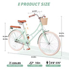 NAYSAYE Bicicletta da donna Beach Cruiser con cestino anteriore e telaio robusto per un comodo pendolarismo urbano all'aperto, verde, 63.98*24.53*38.82