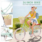 NAYSAYE Bicicletta da donna Beach Cruiser con cestino anteriore e telaio robusto per un comodo pendolarismo urbano all'aperto, verde, 63.98*24.53*38.82