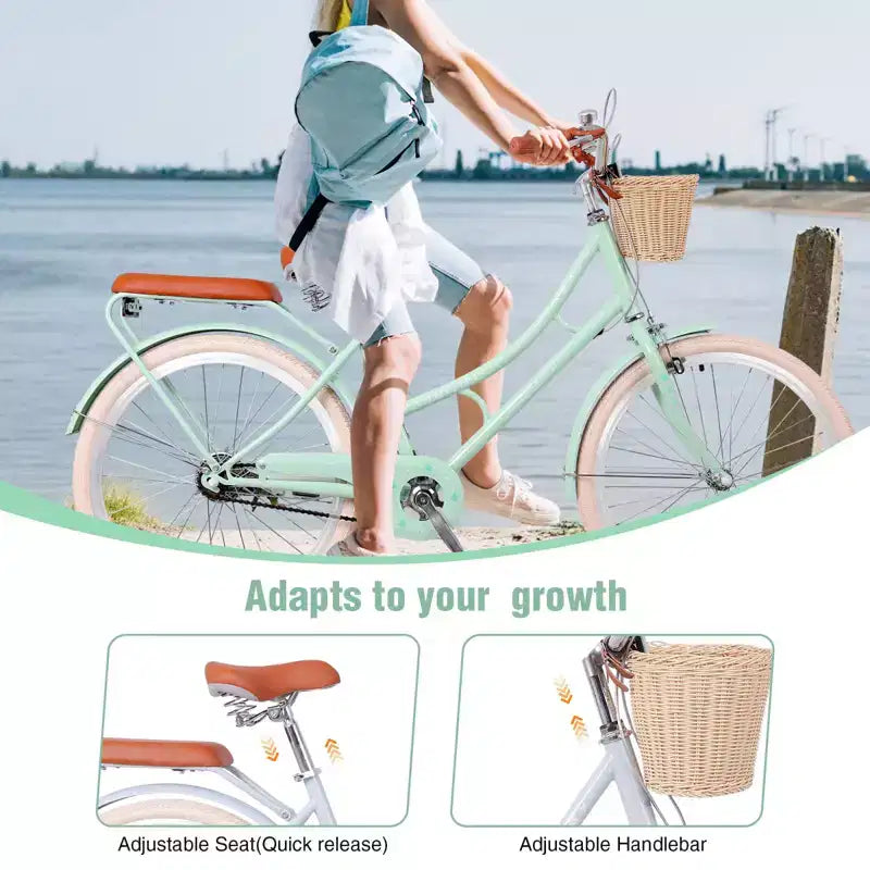 NAYSAYE Bicicletta da donna Beach Cruiser con cestino anteriore e telaio robusto per un comodo pendolarismo urbano all'aperto, verde, 63.98*24.53*38.82