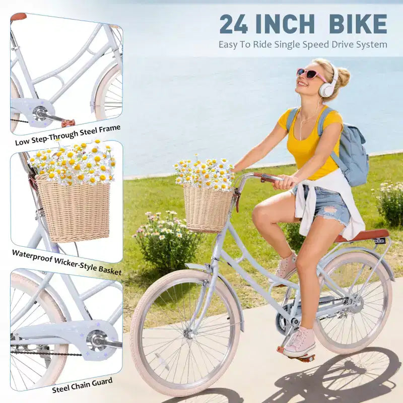 NAYSAYE Bicicletta da donna Beach Cruiser con cestino anteriore e telaio robusto per comodi spostamenti in città, Blu, 63,98*24,53*38,82