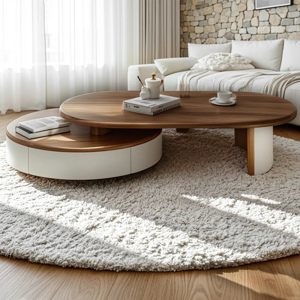 Table basse moderne Nest en bois marron beige avec tiroir arrondi