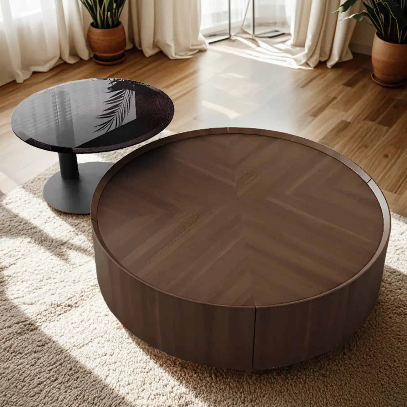 Table basse ronde élégante en bois marron avec rangement