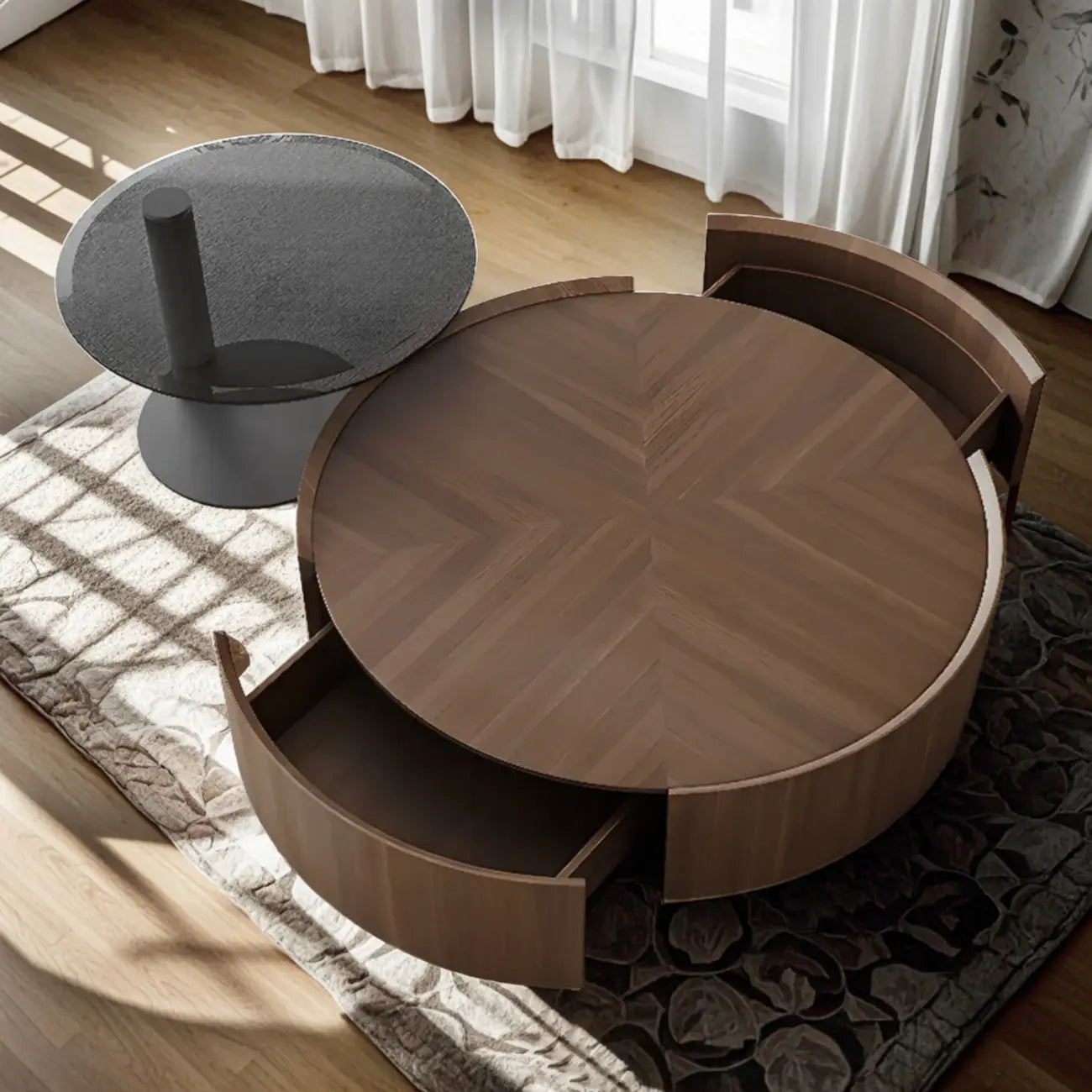 Table basse ronde élégante en bois marron avec rangement