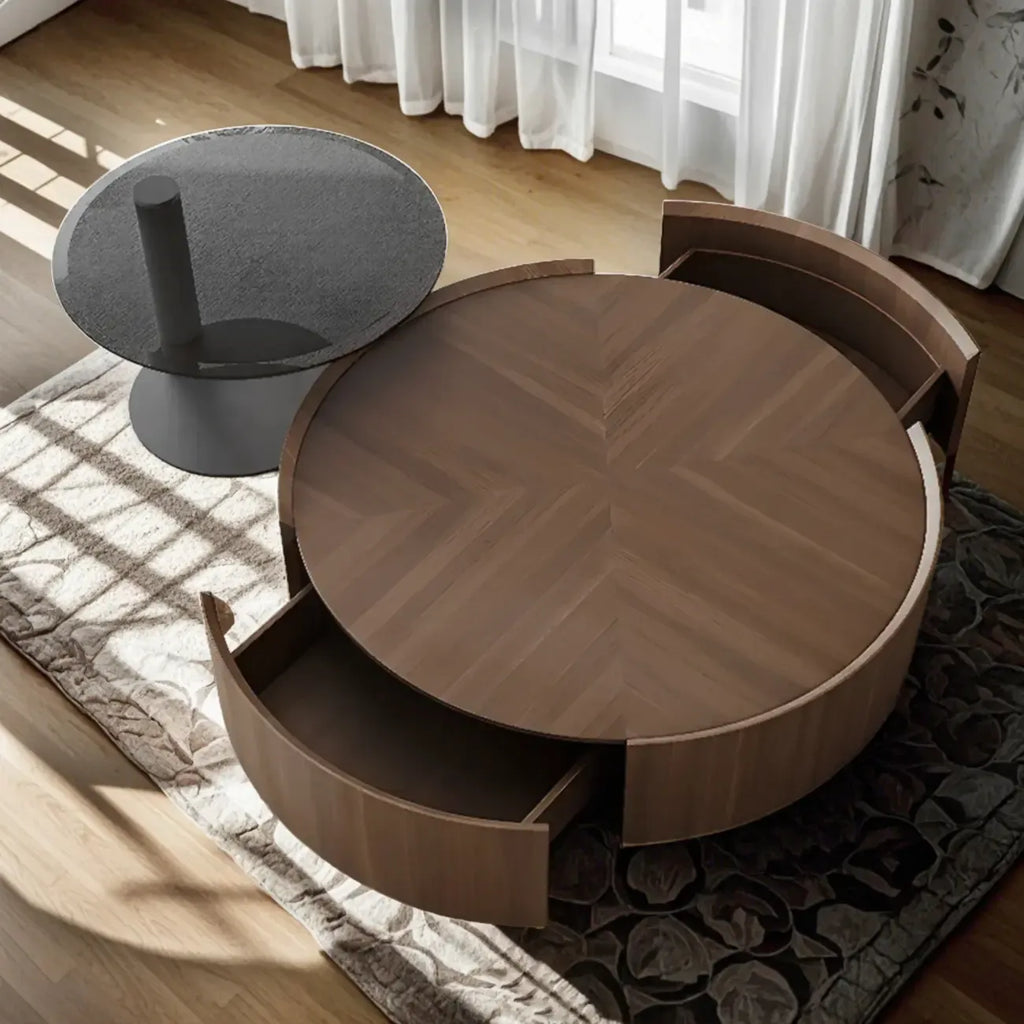 Table basse ronde élégante en bois marron avec rangement