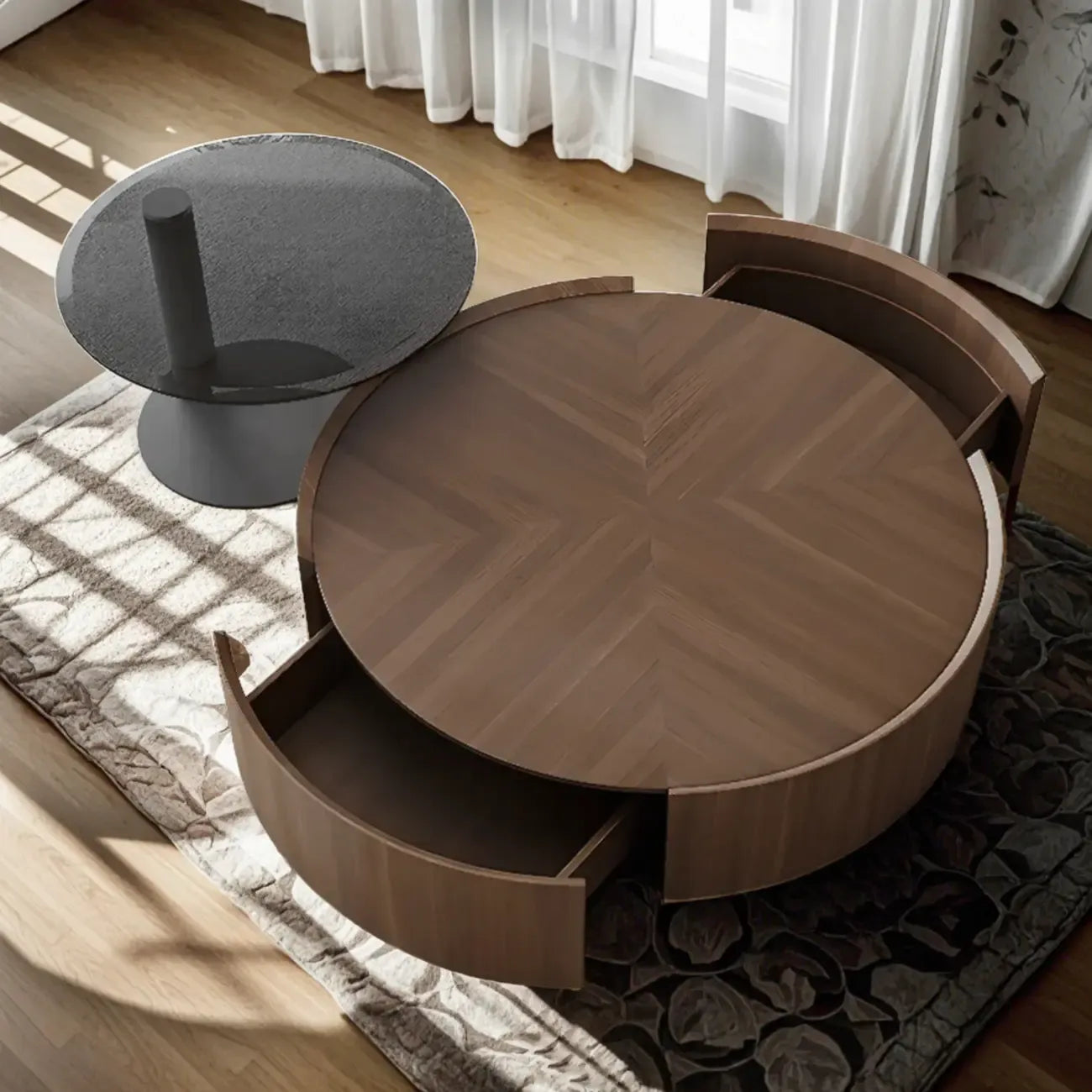 Table basse ronde élégante en bois marron avec rangement