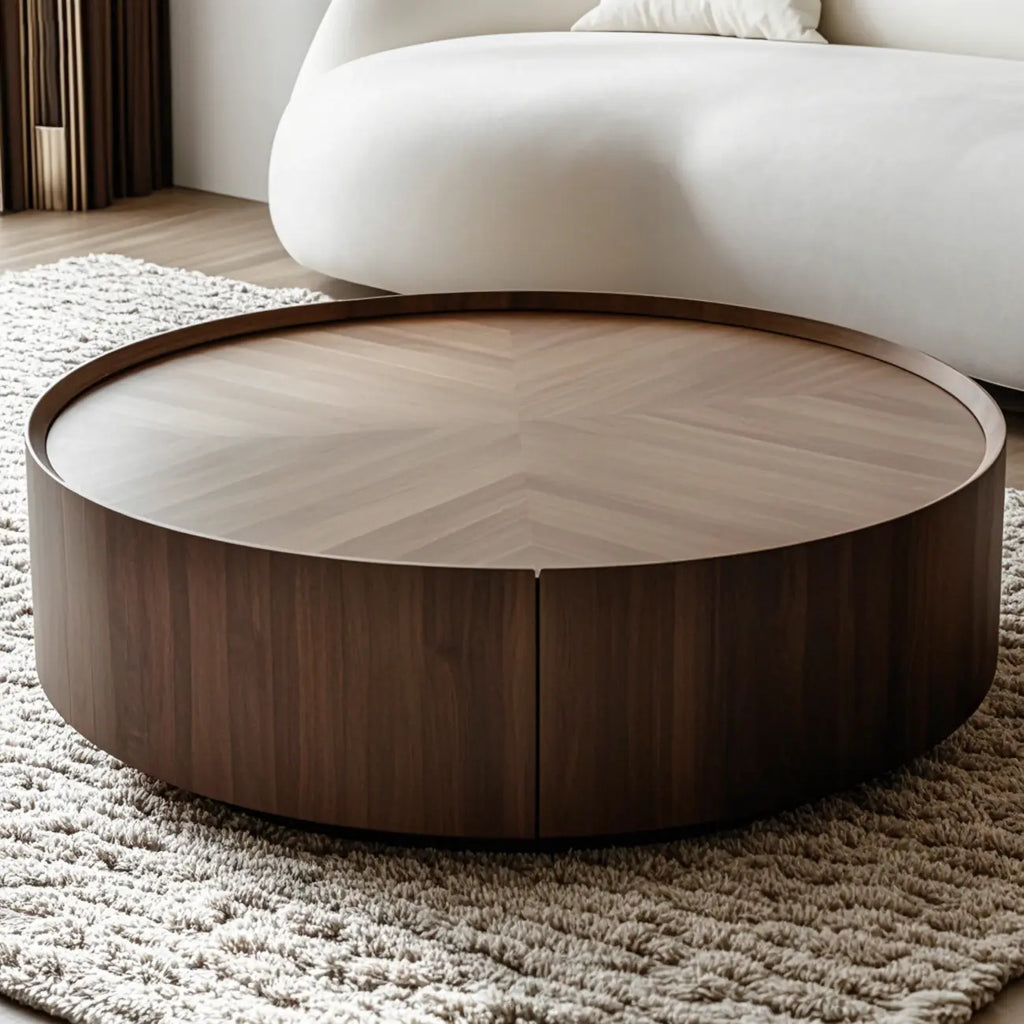 Table basse ronde élégante en bois marron avec rangement